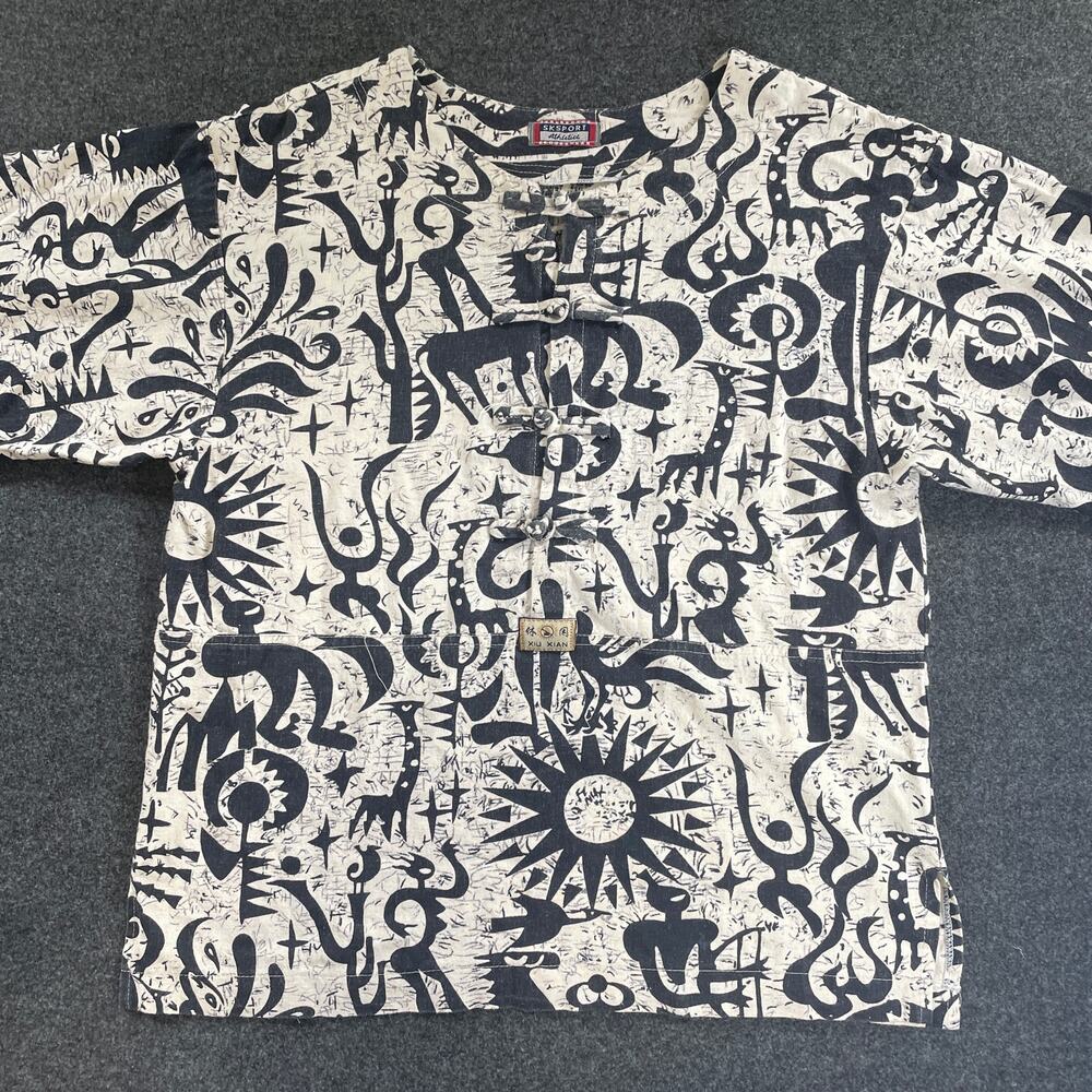 VTG SKSport XIU XIAN Abstract Tribal Print Shirt Frog Button Closure L